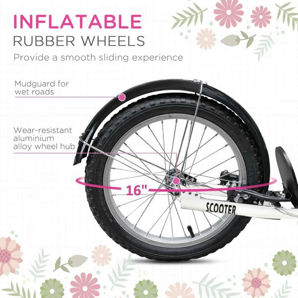 Front wheel of pink kids scooter with black inflatable tire and mudguard