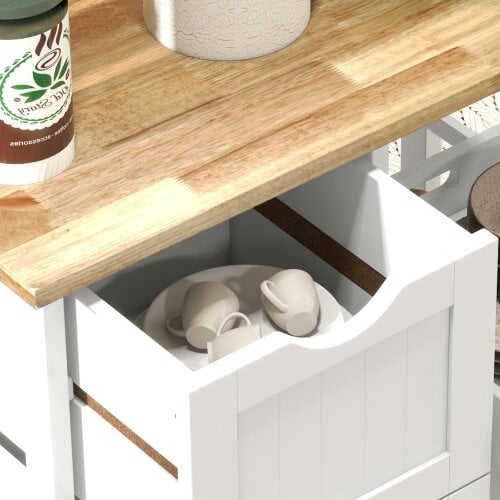 Wyld Haus Lonoronno Wooden White Compact Rolling Kitchen Island With Natural 3 Shelves 3 Drawers
