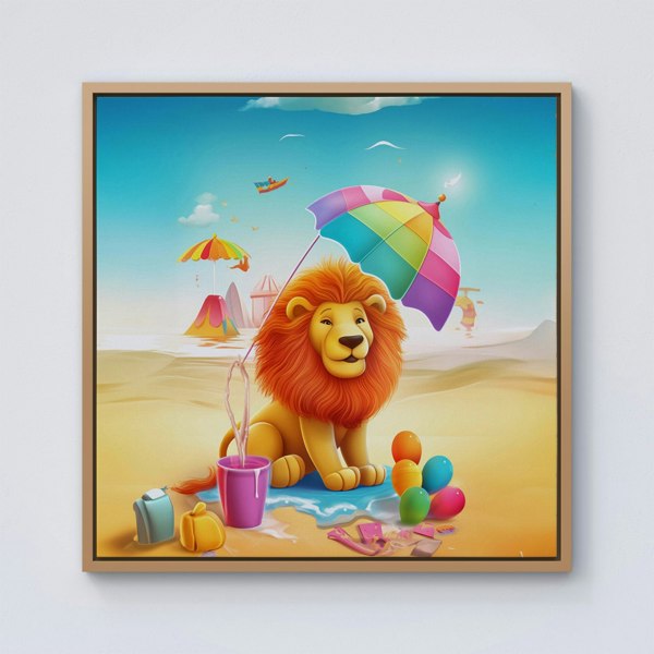 Warren Reed Lion On A Beach Holiday Framed Canvas