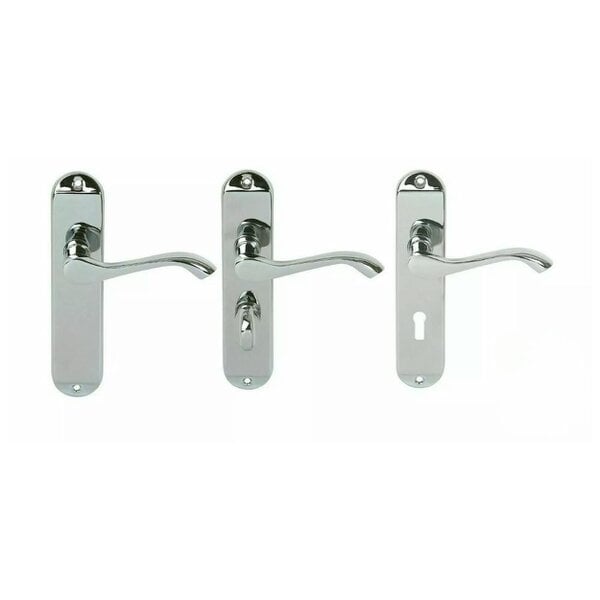 EDH Door Hardware Cadenza Victorian Scroll Door Handles Polished Chrome – Lever Latch, Bathroom Lock & 3 Lever Lock Sets