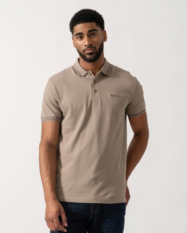 Model wearing BOSS Green Mens Paddy Cotton-Piqué Polo Shirt with Contrast Logo in Light/Pastel Green 339 - Main