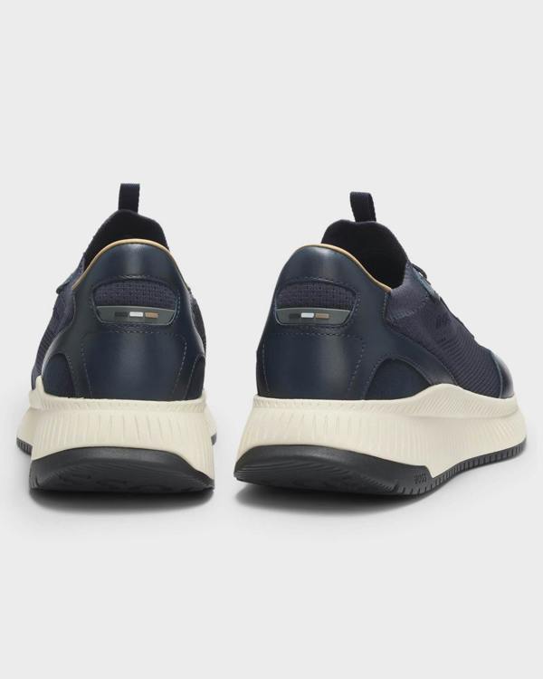 BOSS Orange TTNM EVO Mens trainers with knitted uppers and leather trims - Dark Blue 401 | CHO | Designer Footwear,Mens Footwear,Trainers