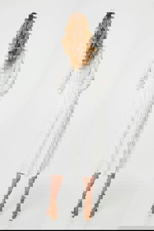 White | Lace Trim Long Sleeve Tiered Midi Dress
