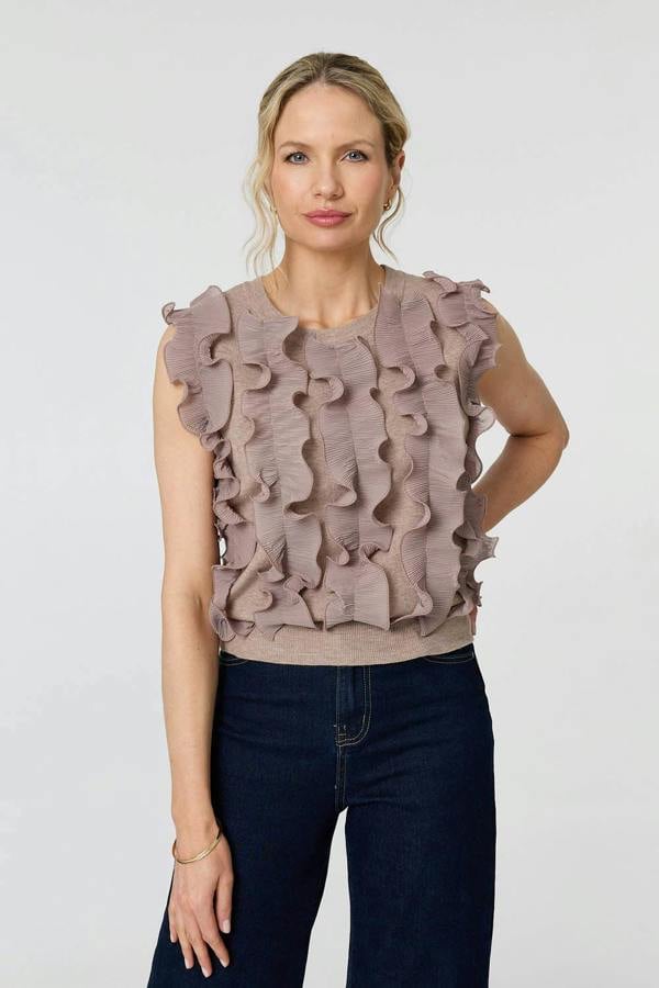 Beige | Ruffle Embellished Sleeveless Knit Top