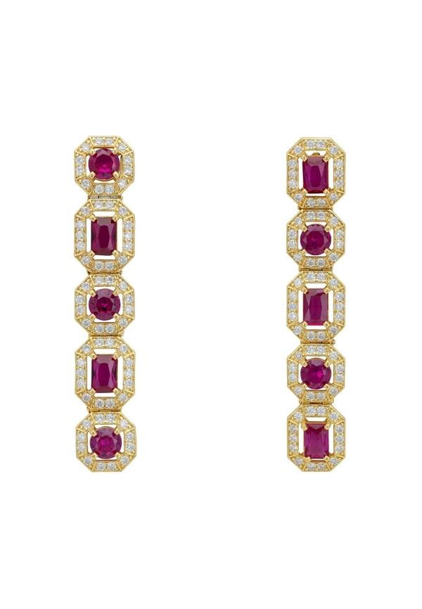 Gold and diamond halo ruby earrings.