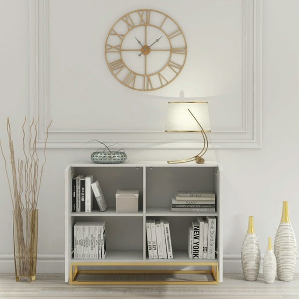 Mex Furniture Graceful White Sideboard with Fluted Fronts & Gold Legs – 100cm Storage Unit