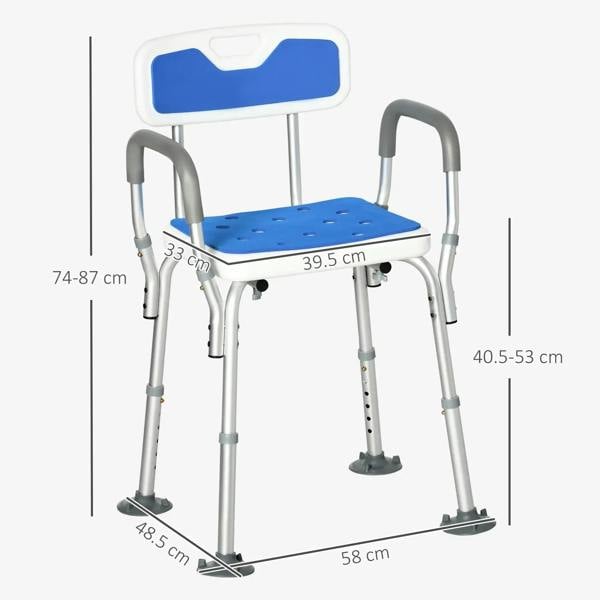 Adjustable shower stool chair with blue padded seat, backrest, and armrests; dimensions shown