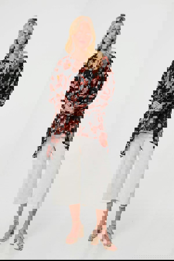 Black | Floral Long Sleeve Longline Tunic Blouse
