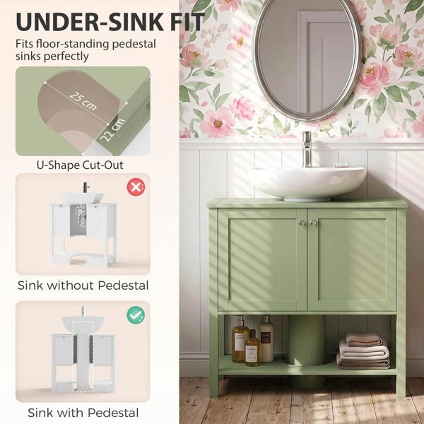 HOMCOM Under Sink Bathroom Cabinet with 2 Doors, Open Shelf, Green