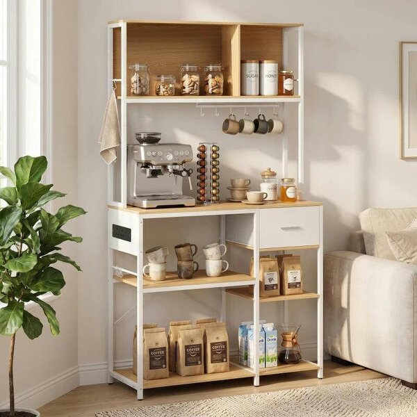 Kitchen Storage Rack with Power Outlet, USB and Type-C Ports, Drawer, Shelves and 4 Hooks, Oak and White