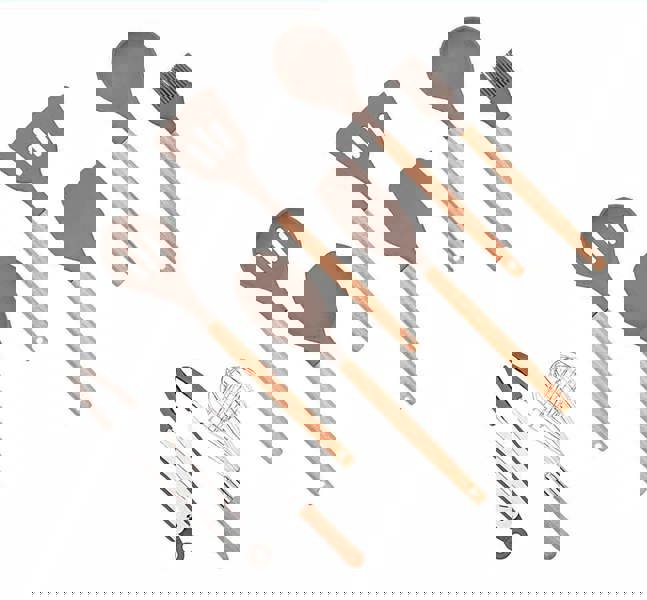  Anygleam Kitchen Utensils 7 Set Natural Beech Wooden Handle Cookware with Tong Tool Heat Resistant Non Stick Accessories