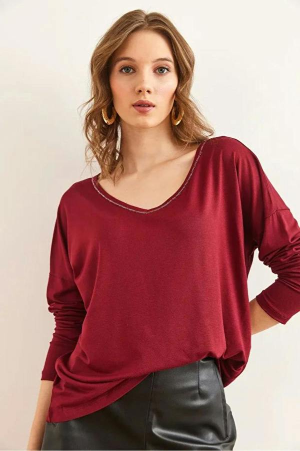 Hoxton Gal V-Neck Viscose Blouse with Silver Stitching Details