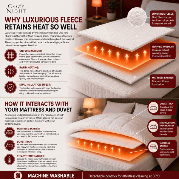 Cozy Night Single Size Electric Blanket Heated with 3 Heat Settings - Quick Fit Underblanket - Fleece Material Machine Washable