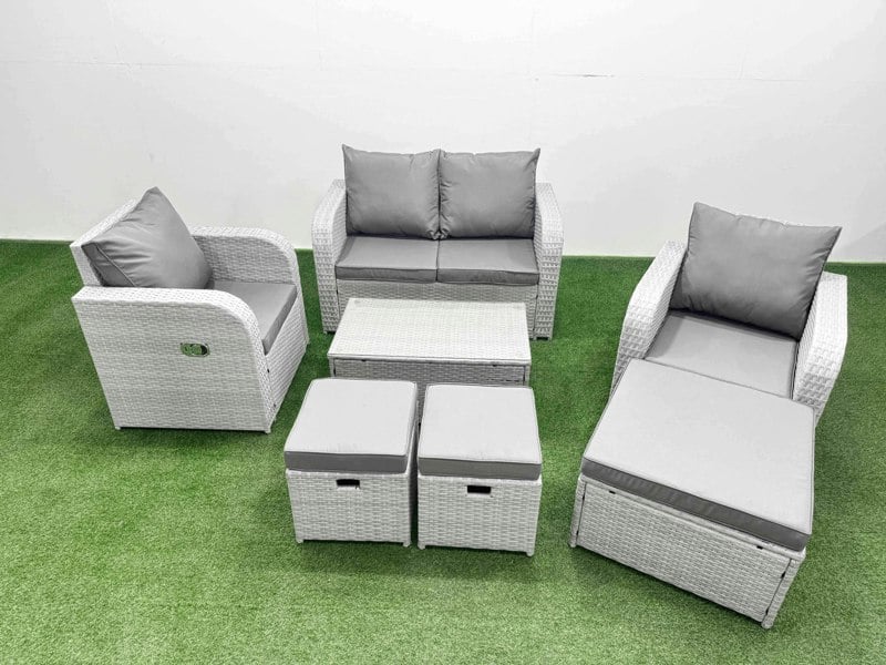 Fimous Light Grey PE Wicker Rattan Garden Furniture Set Sofa Set Reclining Adjustable Chair Rectangular Coffee Table 7 Seater 3 Small Stools