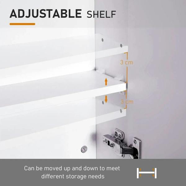 White adjustable shelf in bathroom wall cabinet with shelf pins and mounting holes
