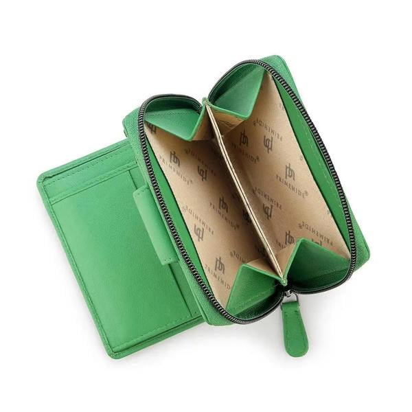 Green wallet with open design on a white background