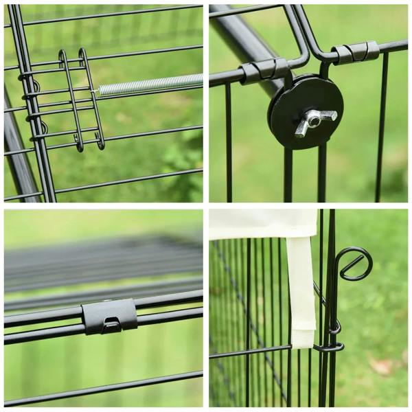 Close-up of metal playpen latch and wire door frame connectors