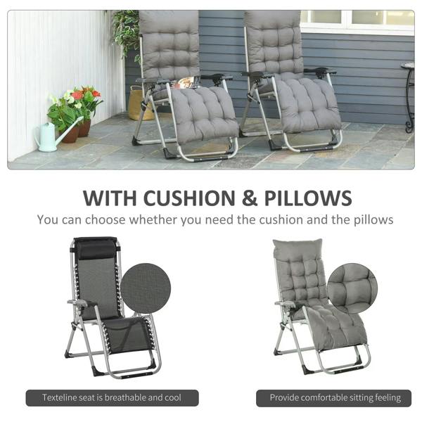 Reclining lounge chair with grey seat cushion and matching back cushion and pillows
