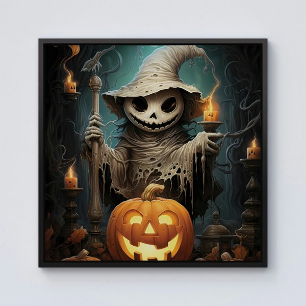 Warren Reed Creepy Ghost With Pumpkins Framed Canvas