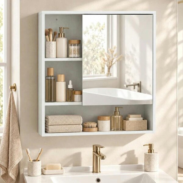 Bathroom Mirror Cabinet, Wall-Mounted Bathroom Cabinet with Mirror Door, Adjustable Shelves, White