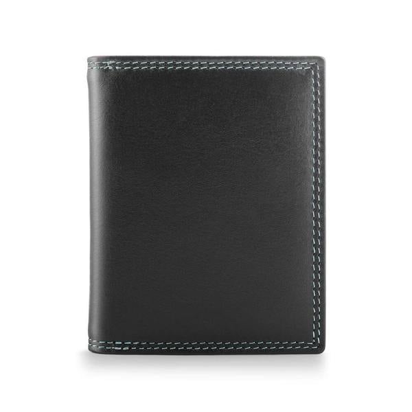 Black leather wallet with white stitching on a white background