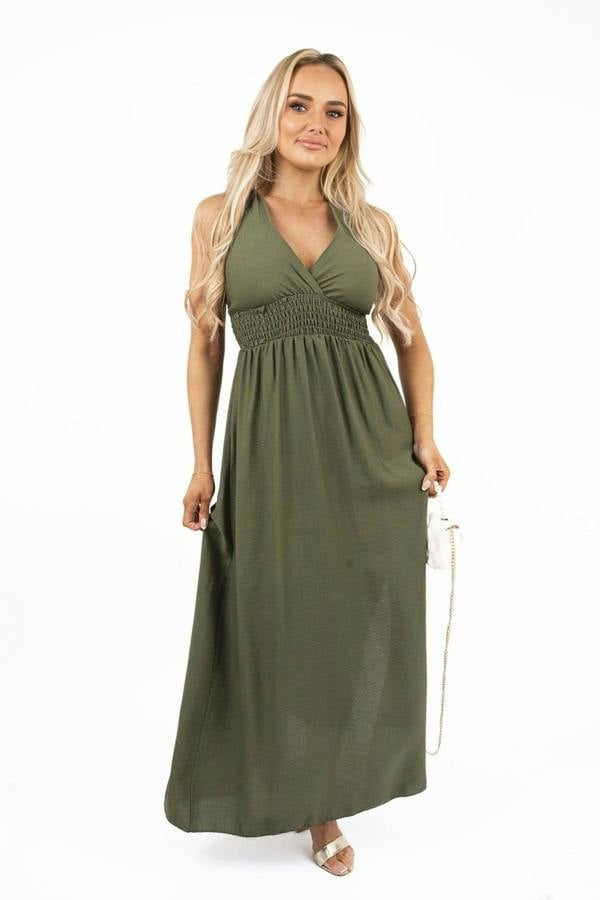 Talina Cross Back Maxi Dress With Ruched Waist - Khaki