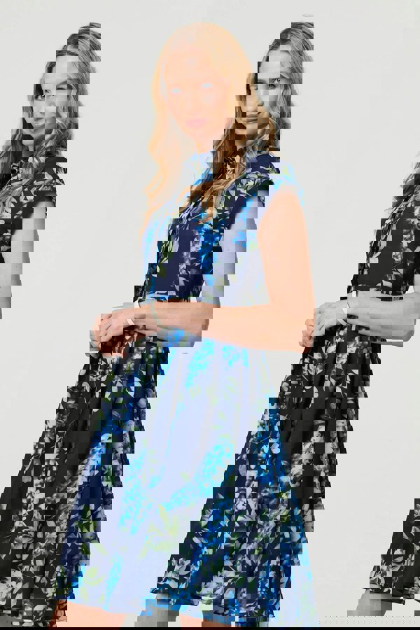 Blue | Floral Cap Sleeve Pleated Short Dress
