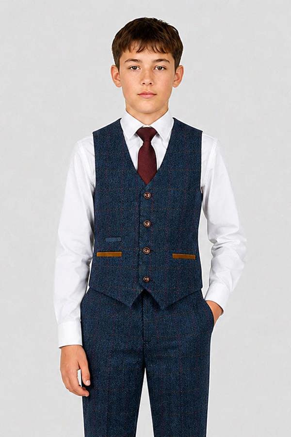 Paul Andrew Scott - Boys Navy Herringbone Tweed Check 3 Piece Suit