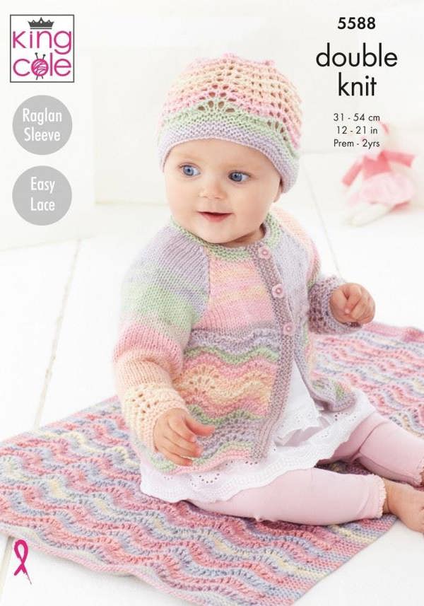 King Cole Beaches DK Knitting Pattern 5588, Coats, Cardigans, Headwear, Blankets for Baby, Premature - 2 Years - Easy