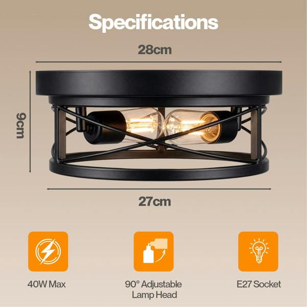 Emitto Ceiling Lights E27 Metal Cage 90° Adjustable Heads Kitchen Fixture Black