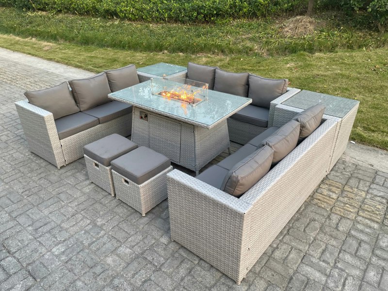 Fimous Rattan Garden Furniture Set with Gas Fire Pit Heater Table, 3 Sofas, 2 Side Tables, 2 Foot Stools - 11 Seater - Light Grey