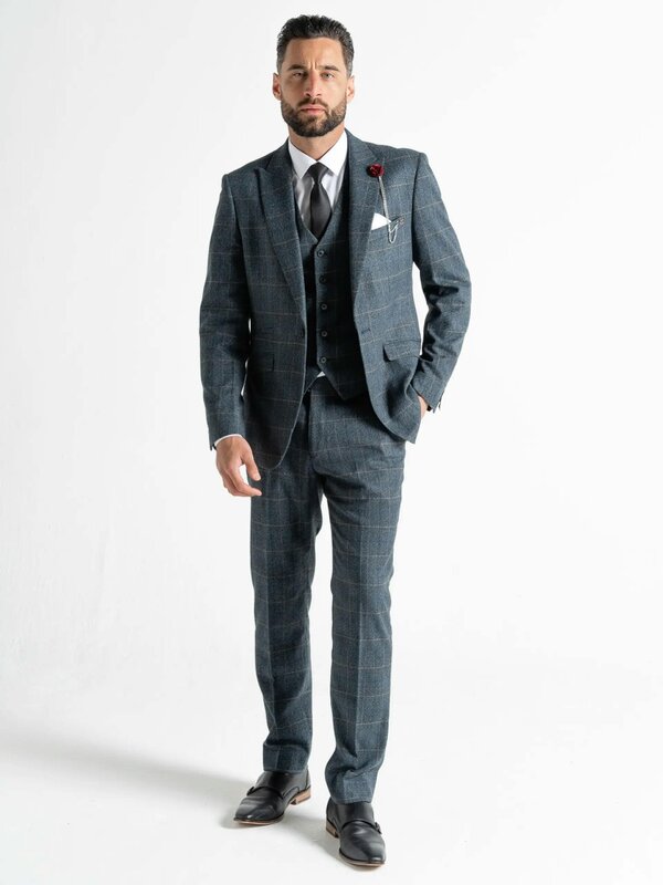 V2 Classic Kensignton Three Piece Suit - Blue Tweed With Orange Checks