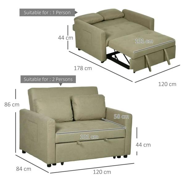 Light brown convertible sofa bed shown with extended mattress base under the seat