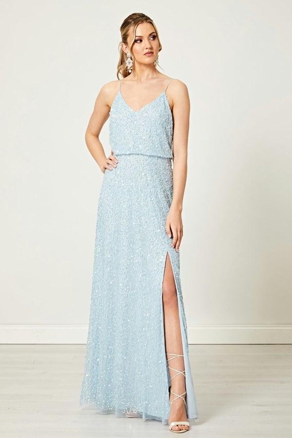 Scatter Embellished Sequin Maxi Dress in Silver Blue - ANGELEYE