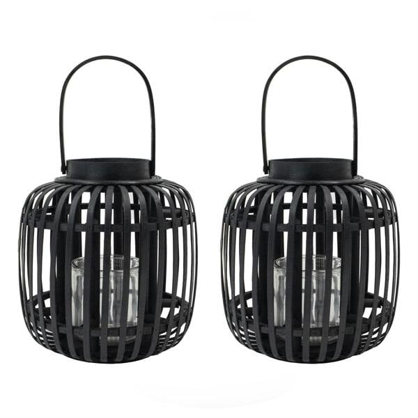 JVL Luna Set of 2 Natural Bamboo Lantern With Handle, Black