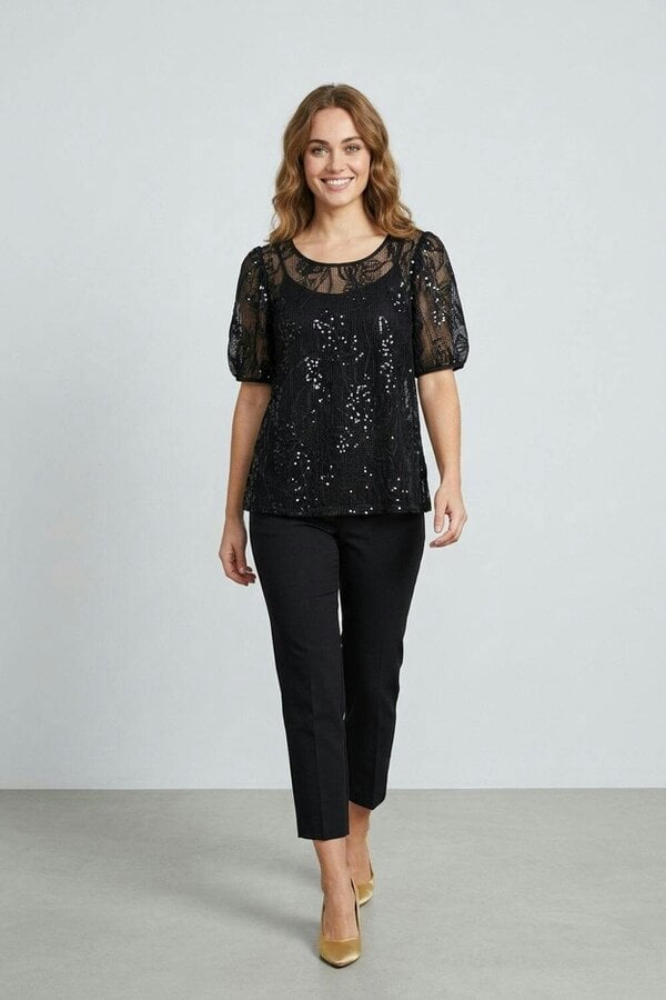 Izabel London Floral Sequin Mesh 1/2 Puff Sleeve Top