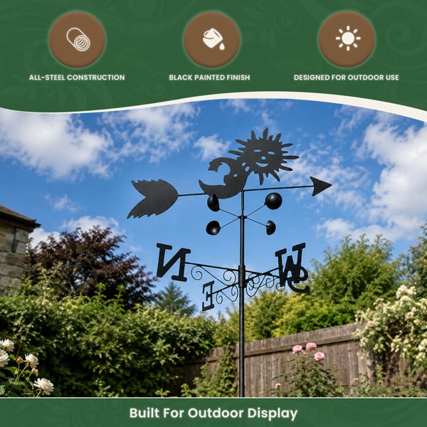 Sun and Moon Weathervane with Wind Speed Cups, All-Steel Black Finish, Wall Mount Bracket and Ground Spike Included