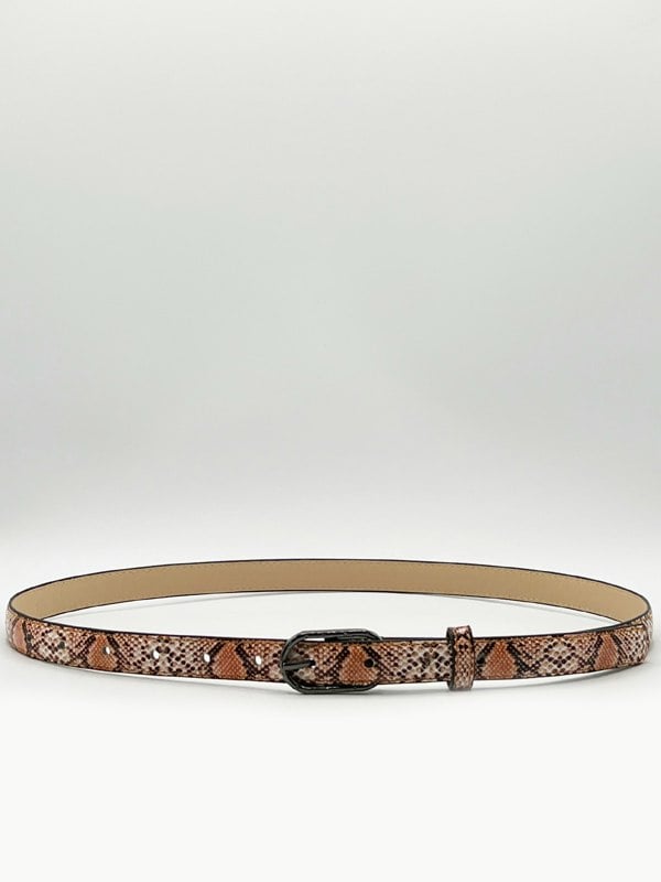SVNX Faux Snake Print Thin Belt in Coral