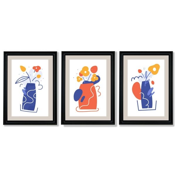 Boho Minimal Floral Blue Orange Set of 3 Framed Art Prints with Vermeer Black Frames