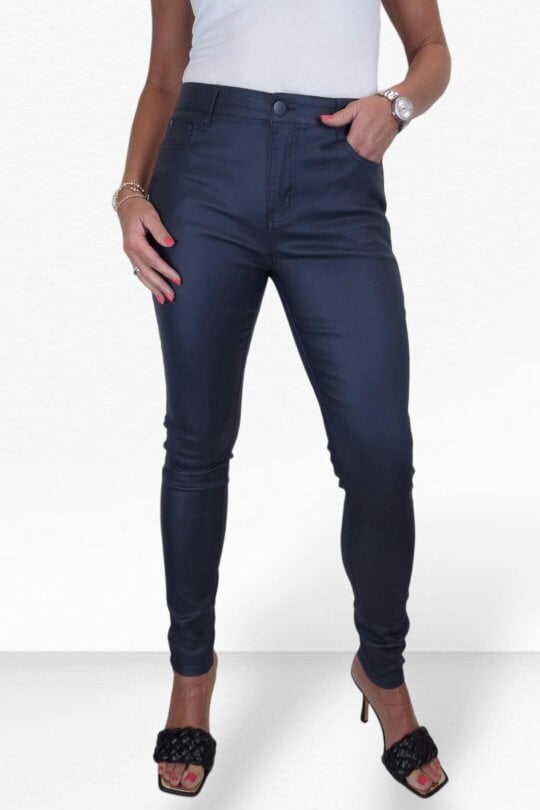 Paulo Due Womens Skinny Coated Leather Look Jeans - Dark Navy