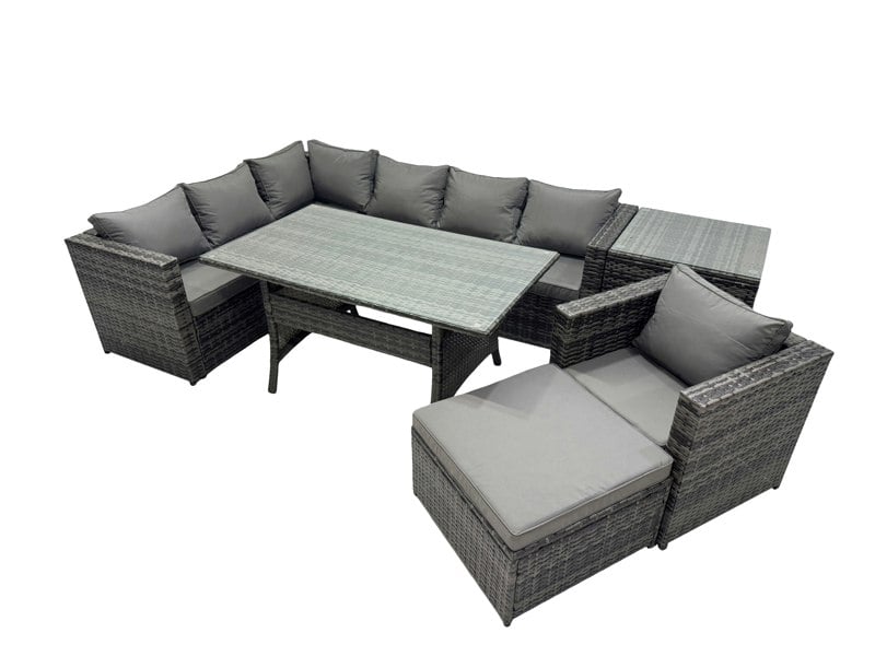 Fimous Outdoor PE Rattan Sofa Set with Dining Table Patio Garden Furniture Sets with Chair Big Stool Side Table Dark Grey Mixed
