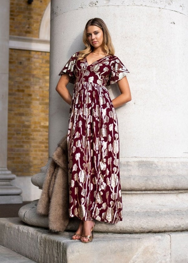 Gini London Burgundy Metallic Jacquard Flutter Sleeves Floral Maxi Dress