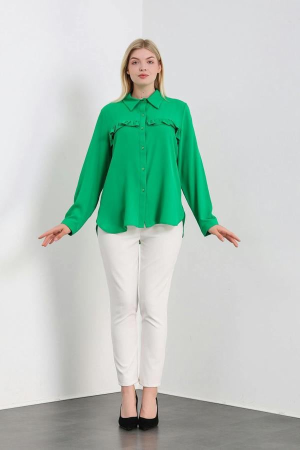 Hoxton Gal Oversized Frill Detailed Long Sleeves Blouse Shirt in Green