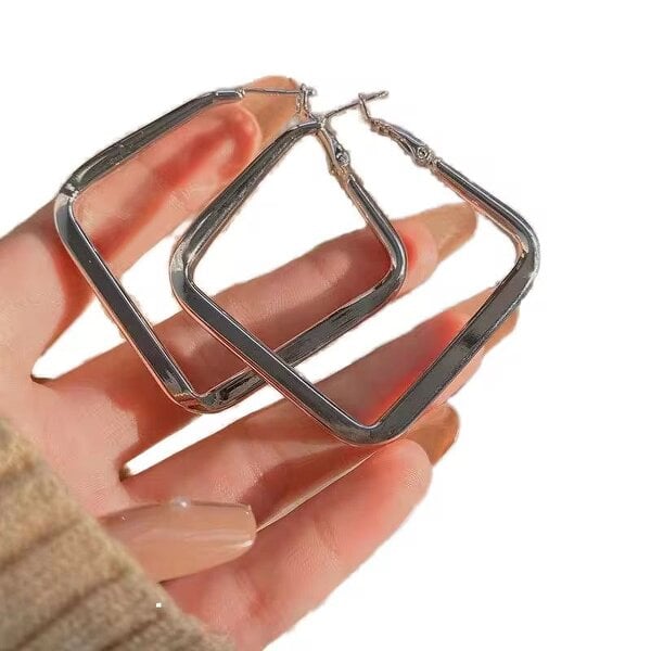 The Colourful Aura Black Square Geometric Large Dainty Threader Statement Hoop Earrings - Silver - Silver