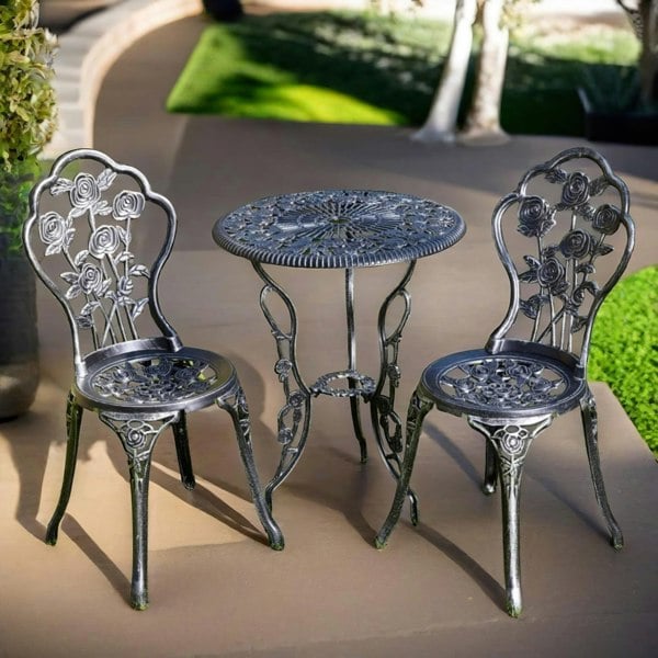 Rafaelo Mobilia Set of 3 Cast Iron Rose Floral Bistro Table And Chair Grey
