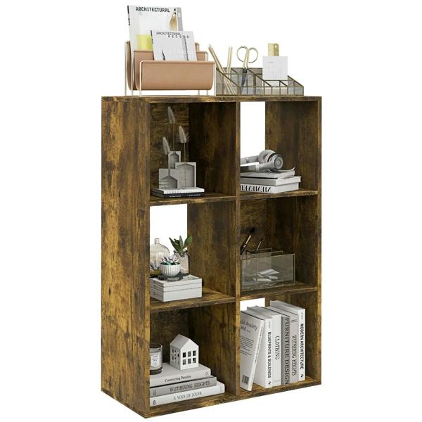 Rustic brown 6-cube bookshelf with six open square compartments for books and decor