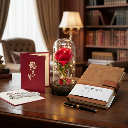 smartbies Enchanted Rose in Glass Gift set With Notebook USB Cable or Battery Powered