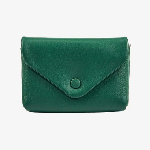 Green leather envelope coin purse for women with press stud flap