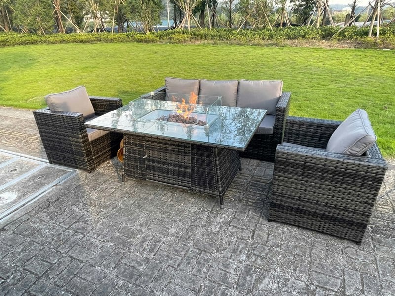 Fimous PE Wicker 5 Seater Rattan Garden Furniture Gas Fire Pit Table Gas Heater Sets Lounge Sofa Set With Chair Clear Tempered Glass