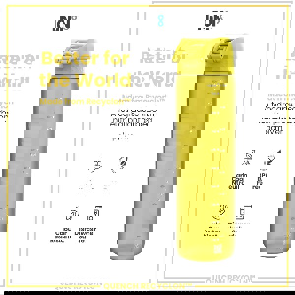 A yellow water bottle sits against a white background. It displays volume markings and is made from a plant-based polymer. The surrounding text highlights its carbon-neutral, BPA-free, and dishwasher-safe properties. "Better for the World," "Made from Recyclon™," "Quench Recyclon™" are also visible.